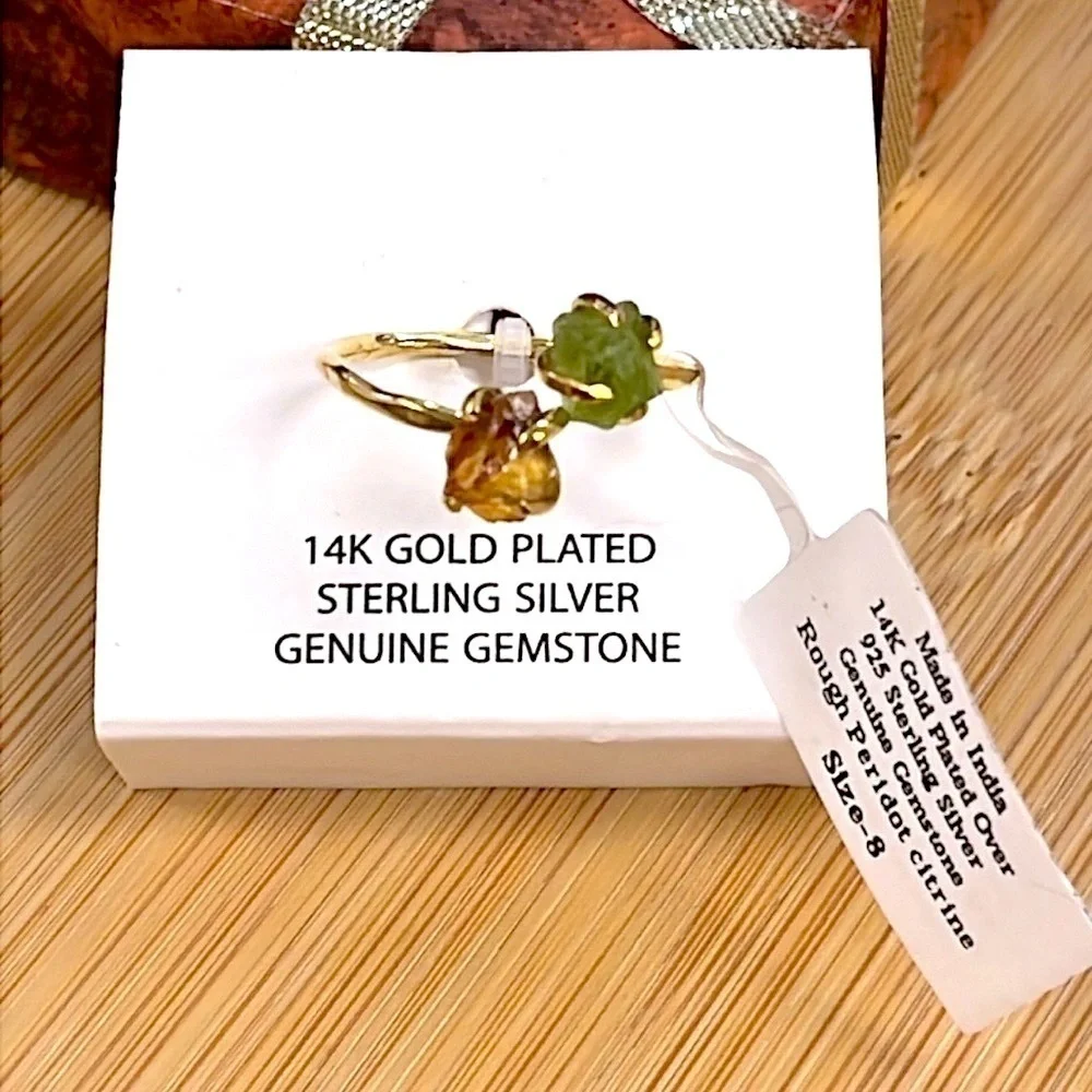 Brand New 14K Gold Plated Sterling Silver Genuine Gemstone Peridot Citrine Ring